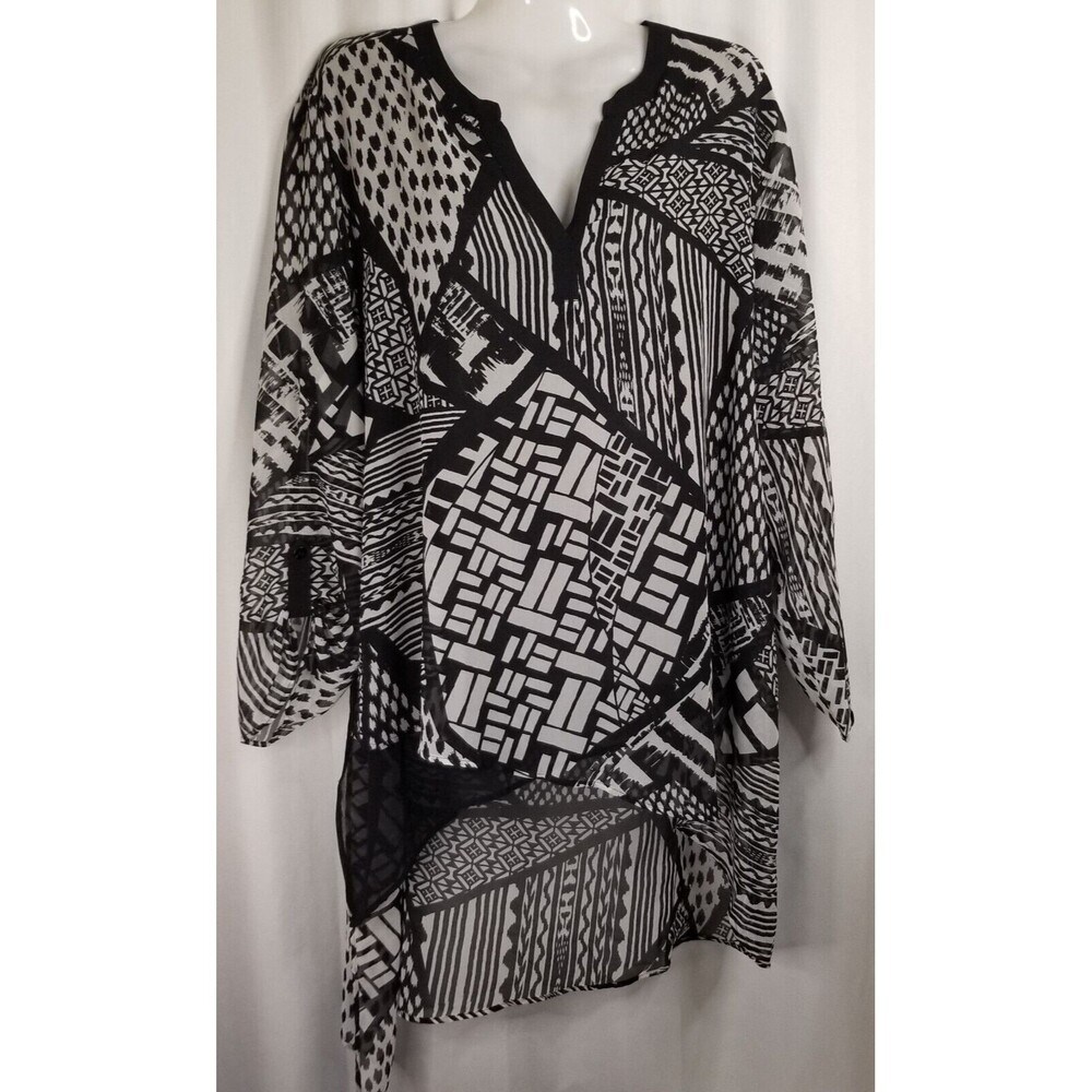 Chico's Tunic Top Black & White Geometric Roll Tab Sleeve Sheer Hi-Lo Size XL